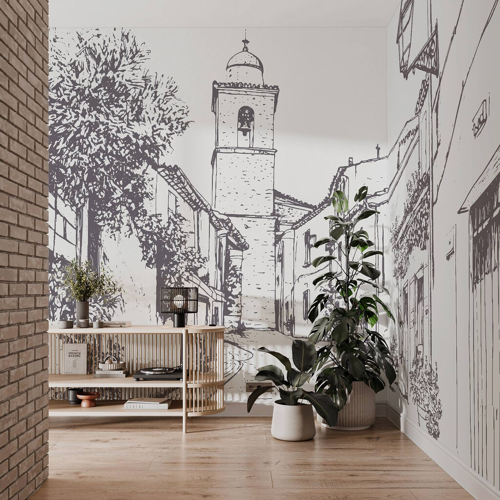 Drawing of a street with buildings and a bell tower