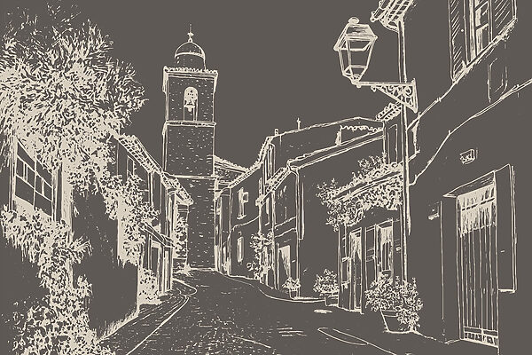 Dessin d'une rue avec des bâtiments et un clocher Dessin d'une rue avec des bâtiments et un clocher