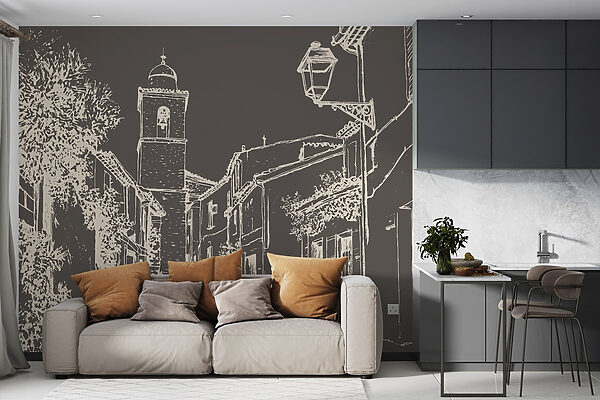 Dessin d'une rue avec des bâtiments et un clocher Dessin d'une rue avec des bâtiments et un clocher