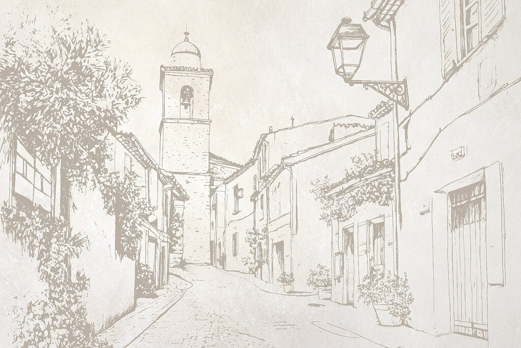 Dessin d'une rue avec un clocher Dessin d'une rue avec un clocher