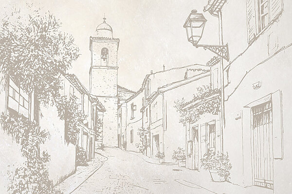 Dessin d'une rue avec un clocher Dessin d'une rue avec un clocher