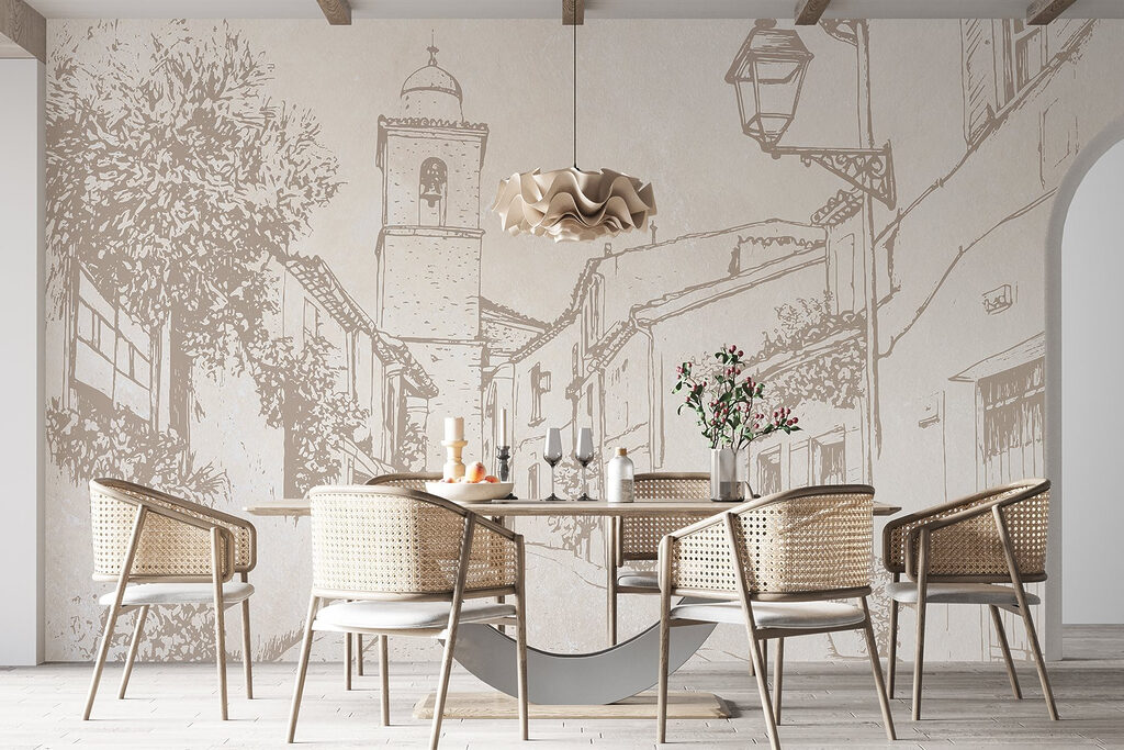 Drawing of a street with a bell tower Drawing of a street with a bell tower