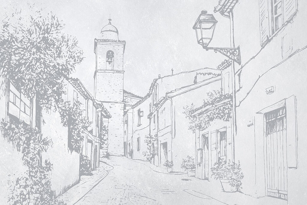 Dessin d'une rue avec un clocher Dessin d'une rue avec un clocher