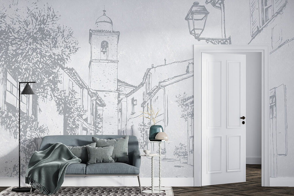 Drawing of a street with a bell tower Drawing of a street with a bell tower