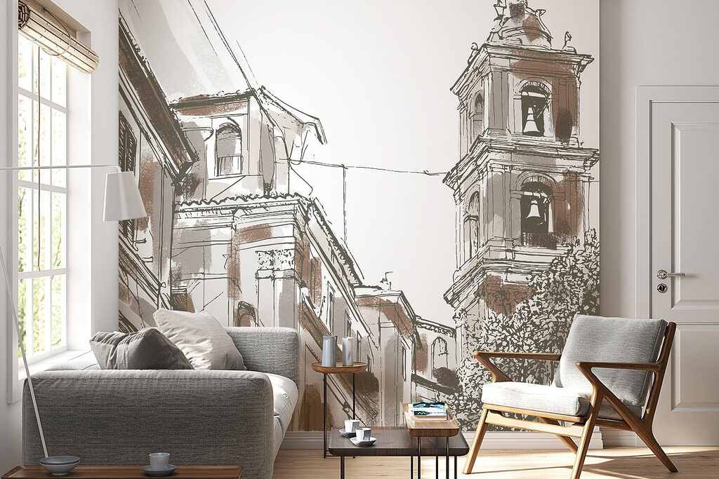 Drawing of a building with bells Drawing of a building with bells