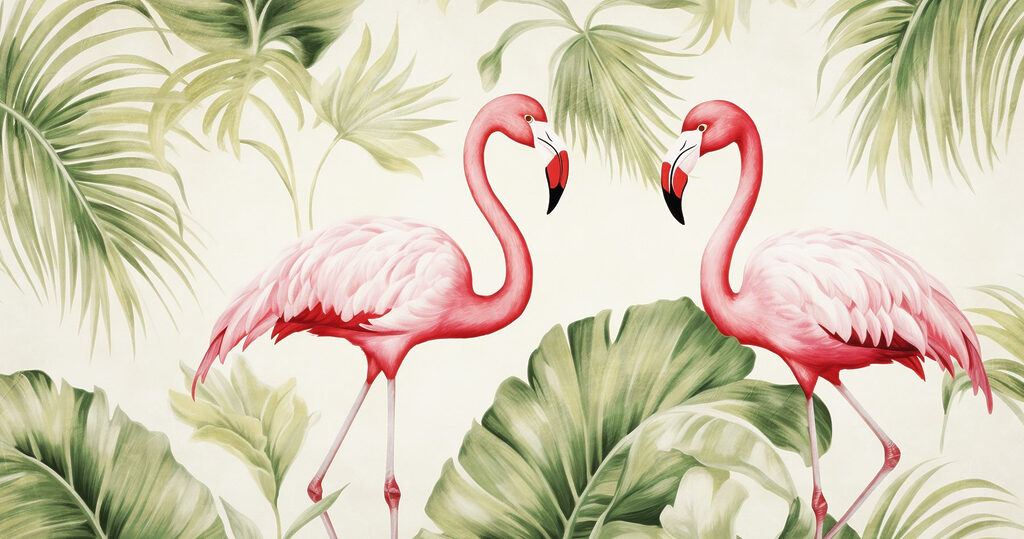 Couple de flamants roses avec des feuilles vertes Couple de flamants roses avec des feuilles vertes