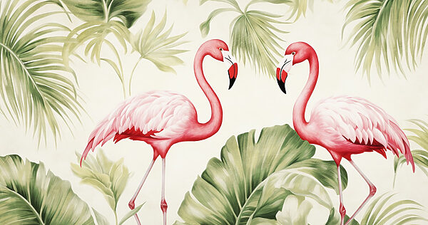 Couple de flamants roses avec des feuilles vertes Couple de flamants roses avec des feuilles vertes