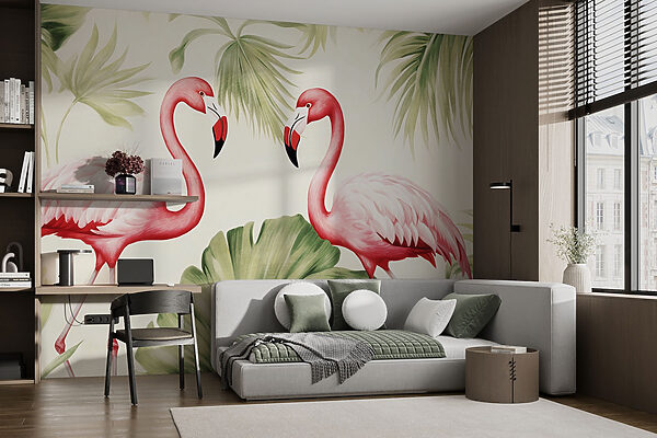 Couple de flamants roses avec des feuilles vertes Couple de flamants roses avec des feuilles vertes