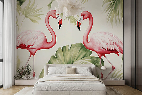 Couple de flamants roses avec des feuilles vertes Couple de flamants roses avec des feuilles vertes
