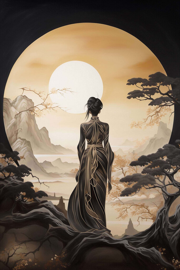 Woman in a long dress looking at the sun