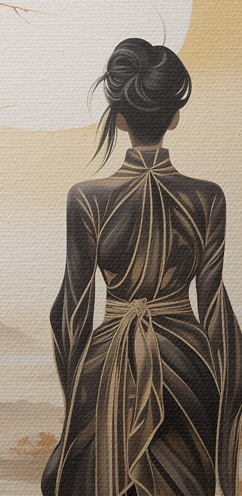Woman in a long dress looking at the sun