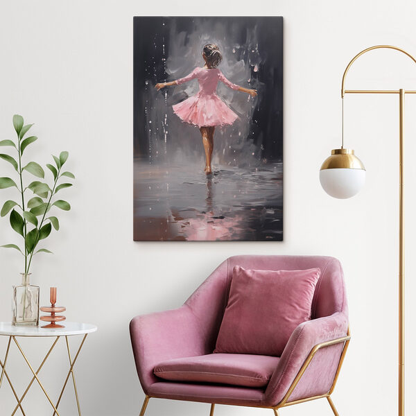 Peinture d'une fille en robe rose dansant sous la pluie Peinture d'une fille en robe rose dansant sous la pluie