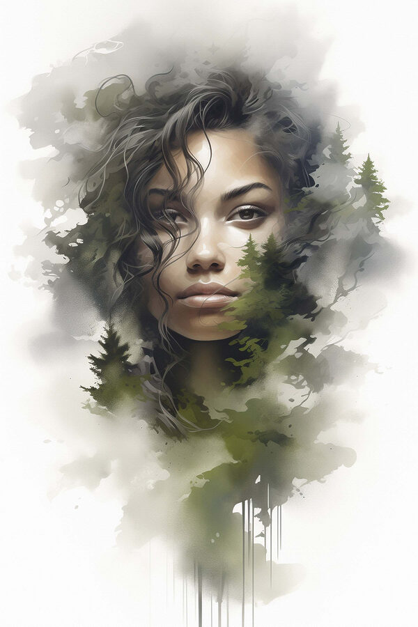 Visage de femme avec des arbres en arrière-plan Visage de femme avec des arbres en arrière-plan