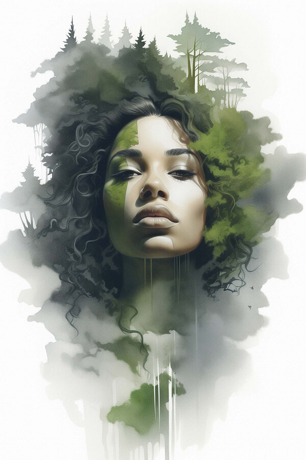 Femme avec des feuilles vertes sur le visage Femme avec des feuilles vertes sur le visage