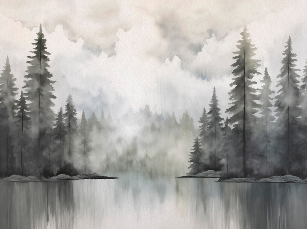 Aquarelle d'une forêt et d'un lac Aquarelle d'une forêt et d'un lac