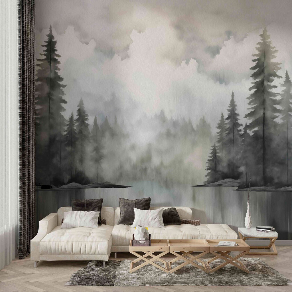 Watercolor painting of a forest and a lake Watercolor painting of a forest and a lake