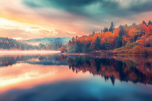 Lac avec des arbres et des nuages dans le ciel Lac avec des arbres et des nuages dans le ciel