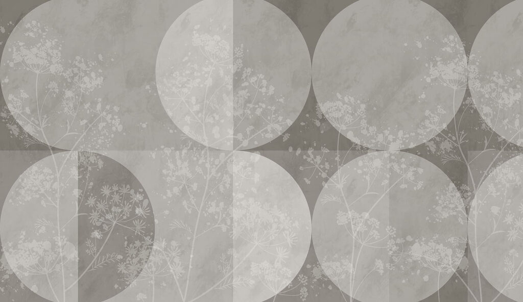 Papier peint gris et blanc avec des cercles et des fleurs blanches Papier peint gris et blanc avec des cercles et des fleurs blanches
