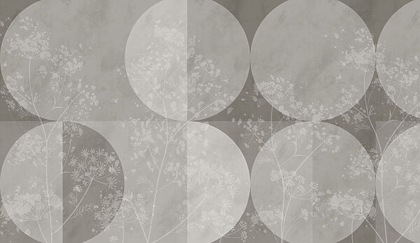 Papier peint gris et blanc avec des cercles et des fleurs blanches Papier peint gris et blanc avec des cercles et des fleurs blanches