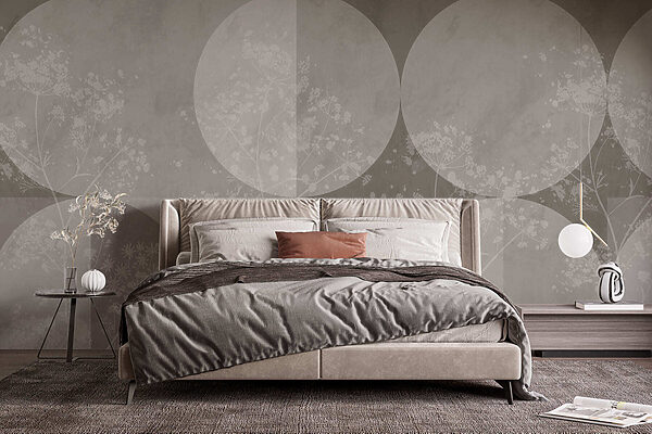Papier peint gris et blanc avec des cercles et des fleurs blanches Papier peint gris et blanc avec des cercles et des fleurs blanches