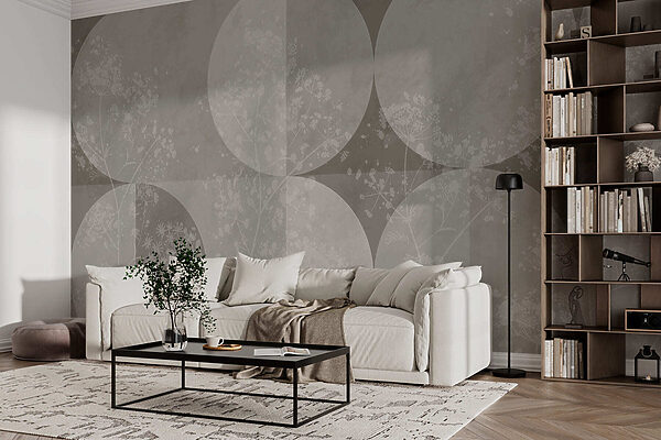 Papier peint gris et blanc avec des cercles et des fleurs blanches Papier peint gris et blanc avec des cercles et des fleurs blanches