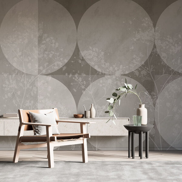 Papier peint gris et blanc avec des cercles et des fleurs blanches Papier peint gris et blanc avec des cercles et des fleurs blanches