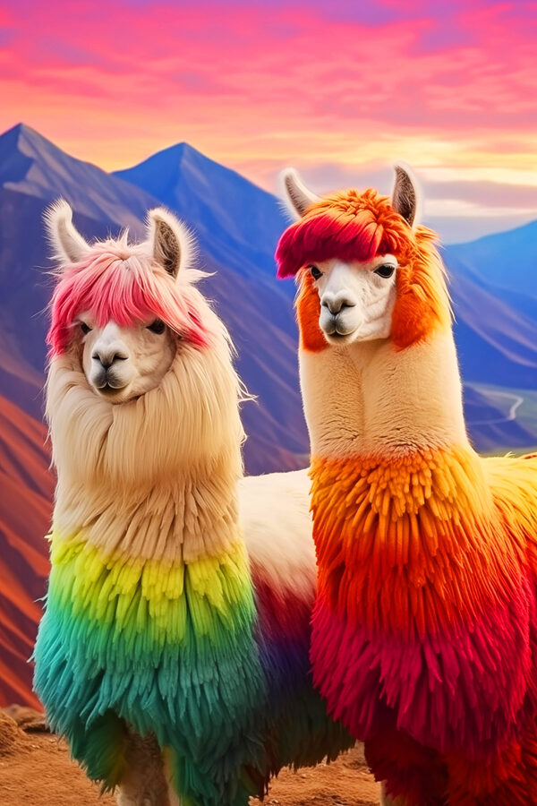 Deux lamas aux cheveux arc-en-ciel Deux lamas aux cheveux arc-en-ciel