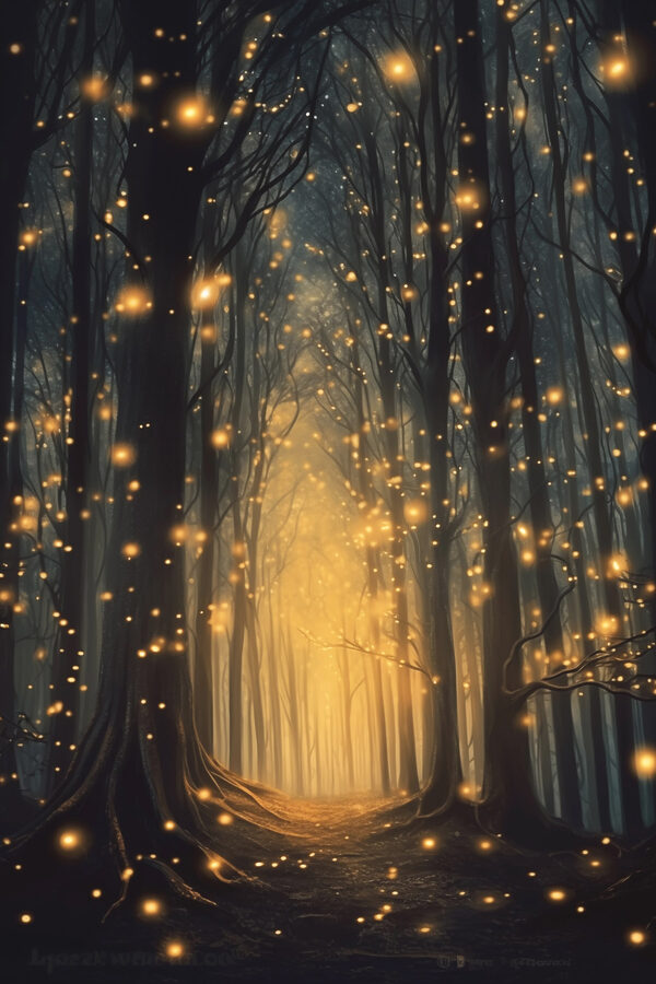 Chemin à travers une forêt avec de nombreux arbres avec des lumières Chemin à travers une forêt avec de nombreux arbres avec des lumières