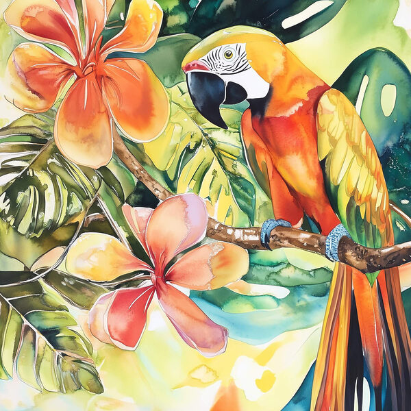 Peinture d'un perroquet sur une branche avec des fleurs Peinture d'un perroquet sur une branche avec des fleurs