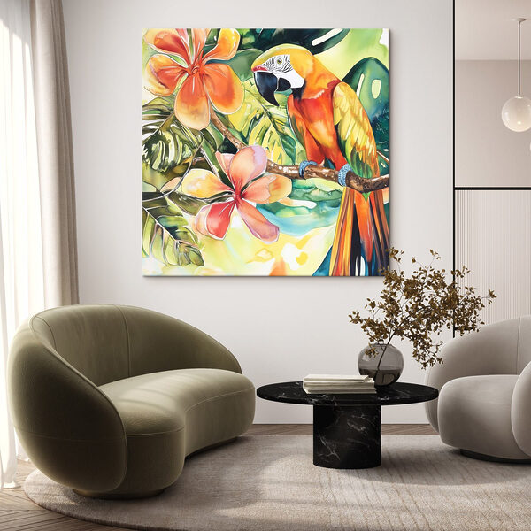 Peinture d'un perroquet sur une branche avec des fleurs Peinture d'un perroquet sur une branche avec des fleurs