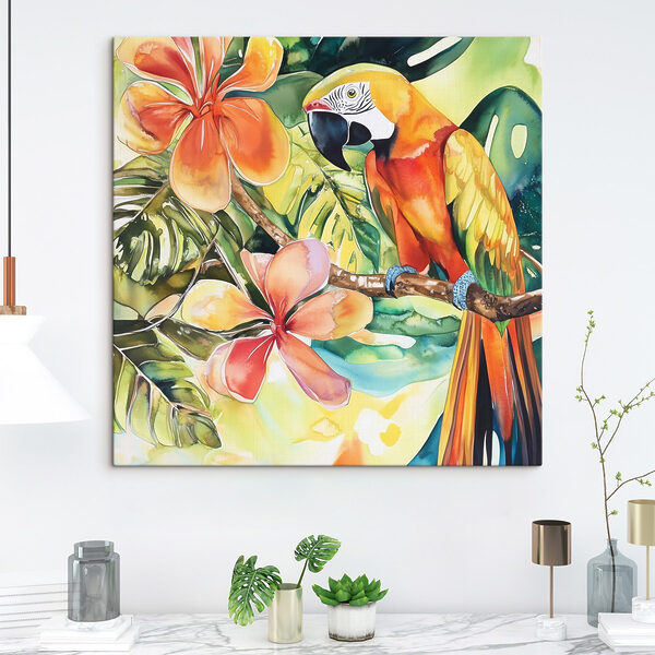 Peinture d'un perroquet sur une branche avec des fleurs Peinture d'un perroquet sur une branche avec des fleurs