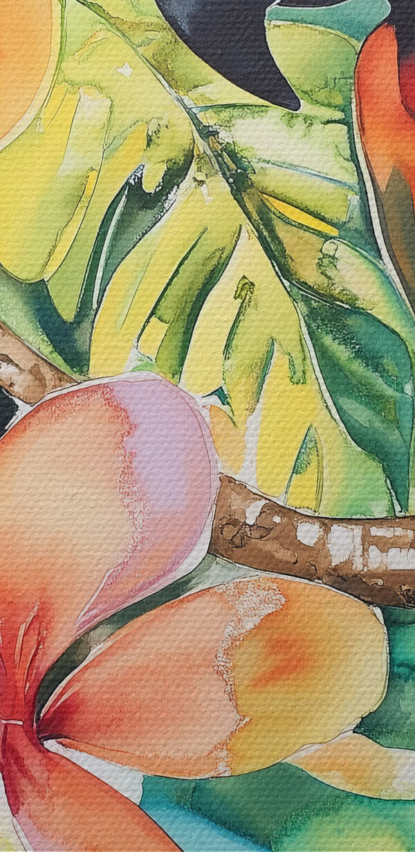 Peinture d'un perroquet sur une branche avec des fleurs Peinture d'un perroquet sur une branche avec des fleurs