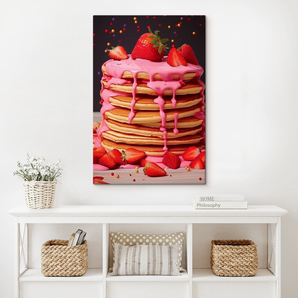 Stack of pancakes with pink frosting and strawberries Stack of pancakes with pink frosting and strawberries