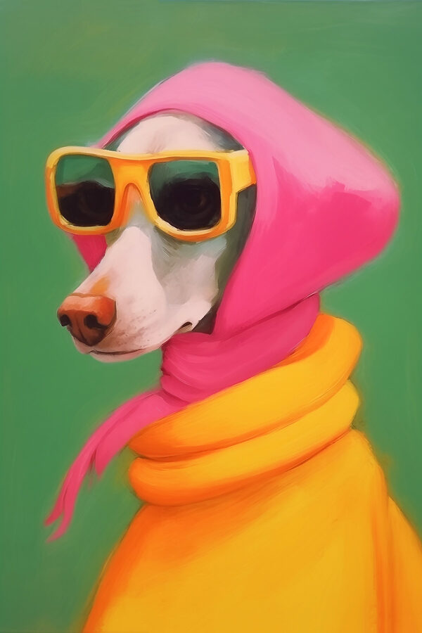 Chien portant une écharpe rose et des lunettes de soleil Chien portant une écharpe rose et des lunettes de soleil