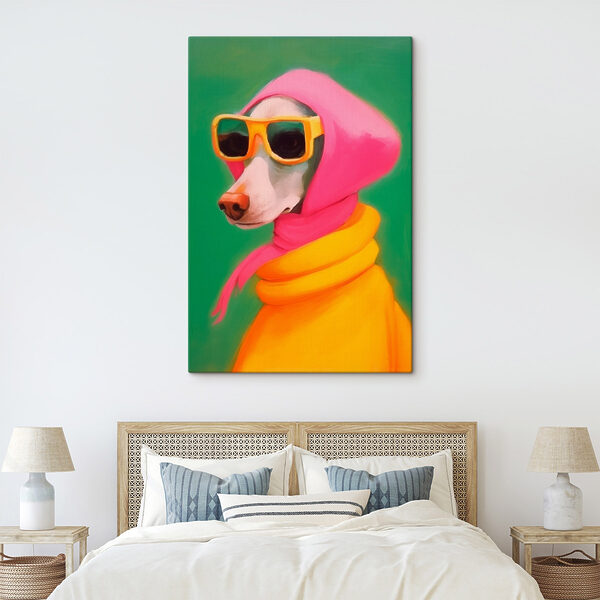 Chien portant une écharpe rose et des lunettes de soleil Chien portant une écharpe rose et des lunettes de soleil