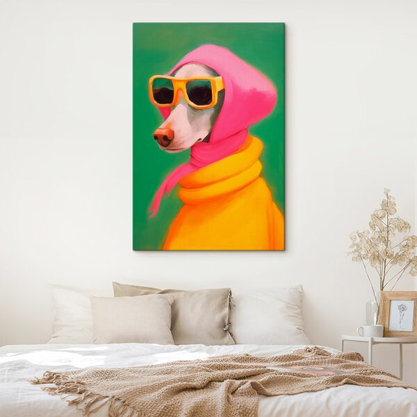 Chien portant une écharpe rose et des lunettes de soleil Chien portant une écharpe rose et des lunettes de soleil