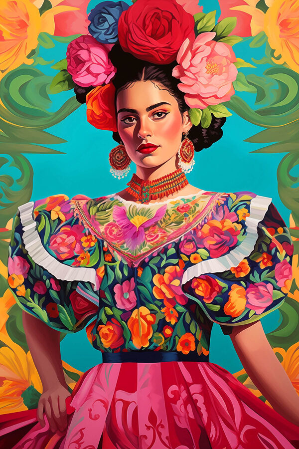 Femme portant une robe colorée avec des fleurs dans les cheveux Femme portant une robe colorée avec des fleurs dans les cheveux