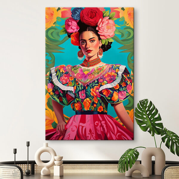 Femme portant une robe colorée avec des fleurs dans les cheveux Femme portant une robe colorée avec des fleurs dans les cheveux