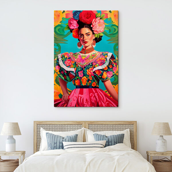 Femme portant une robe colorée avec des fleurs dans les cheveux Femme portant une robe colorée avec des fleurs dans les cheveux