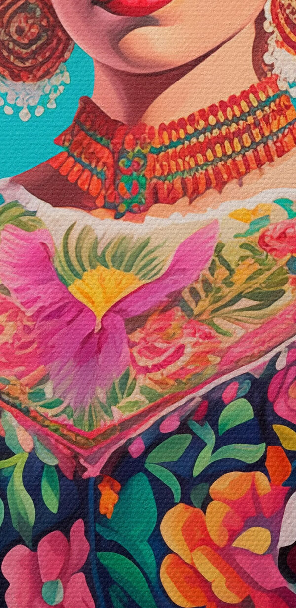 Femme portant une robe colorée avec des fleurs dans les cheveux Femme portant une robe colorée avec des fleurs dans les cheveux