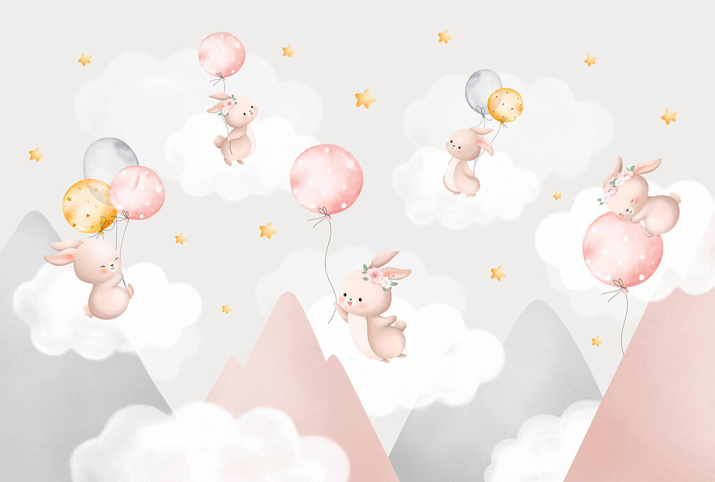 Groupe de lapins tenant des ballons dans le ciel Groupe de lapins tenant des ballons dans le ciel