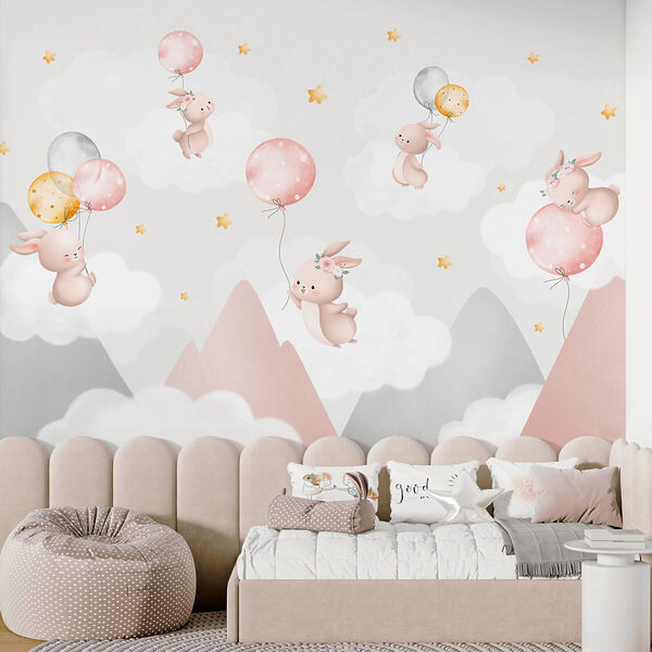 Groupe de lapins tenant des ballons dans le ciel Groupe de lapins tenant des ballons dans le ciel