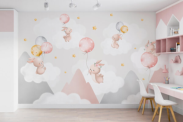 Groupe de lapins tenant des ballons dans le ciel Groupe de lapins tenant des ballons dans le ciel