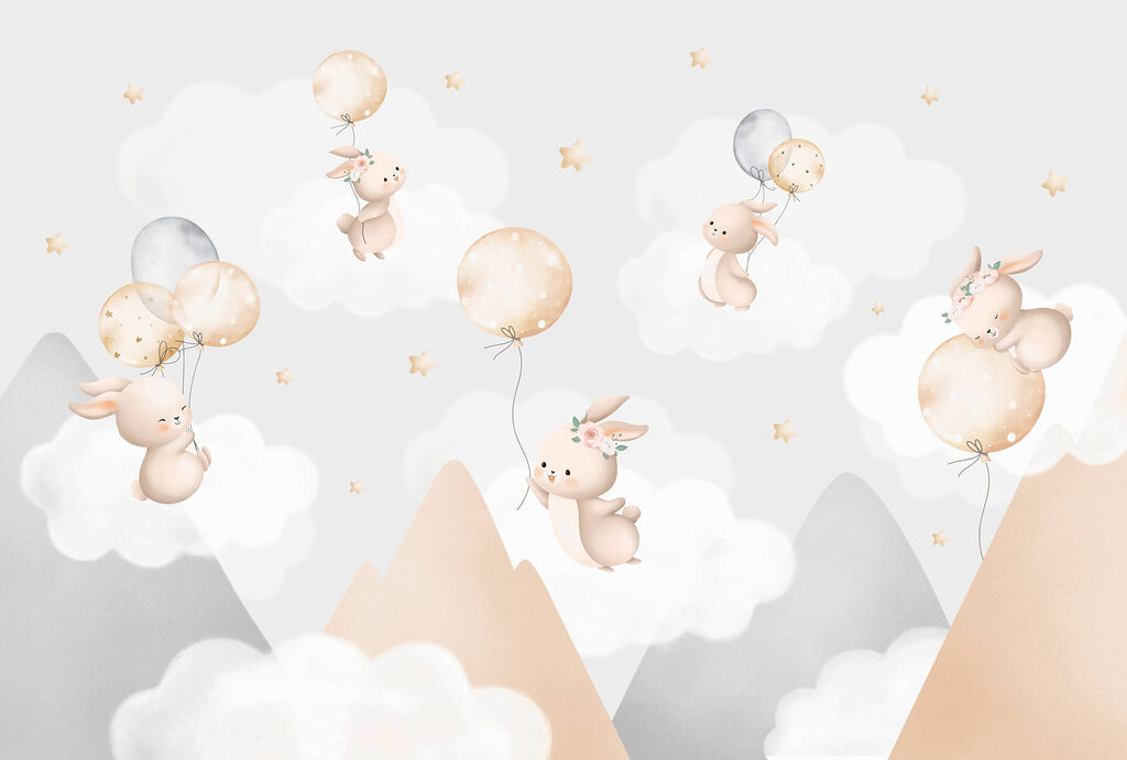 Groupe de lapins volant avec des ballons dans le ciel Groupe de lapins volant avec des ballons dans le ciel