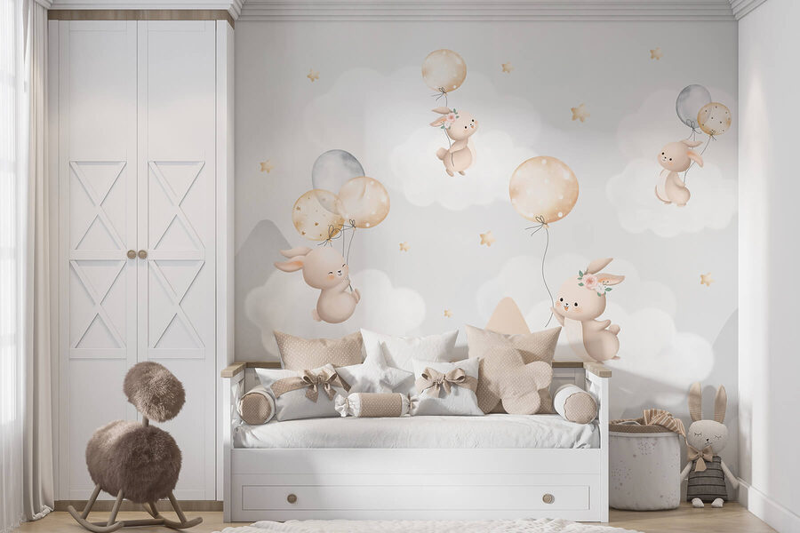 Group of bunnies flying with balloons in the sky Group of bunnies flying with balloons in the sky
