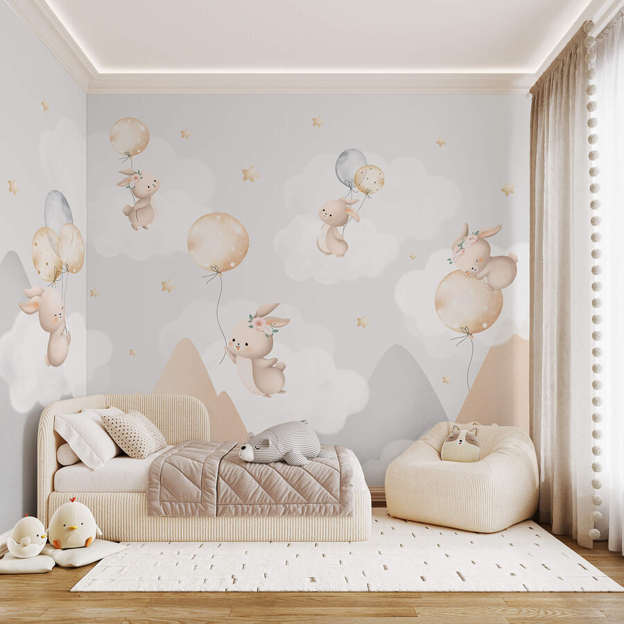 Group of bunnies flying with balloons in the sky Group of bunnies flying with balloons in the sky