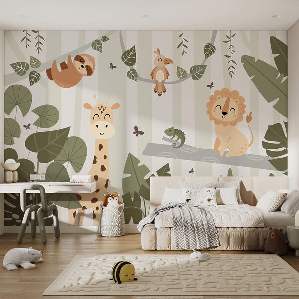 Papier peint Caricature d'animaux dans la jungle (UGS : w03376) Papier peint Papier peint Caricature d'animaux dans la jungle (UGS : w03376)