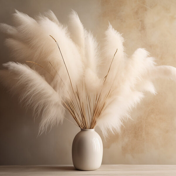 Vase blanc avec fleurs pelucheuses Vase blanc avec fleurs pelucheuses