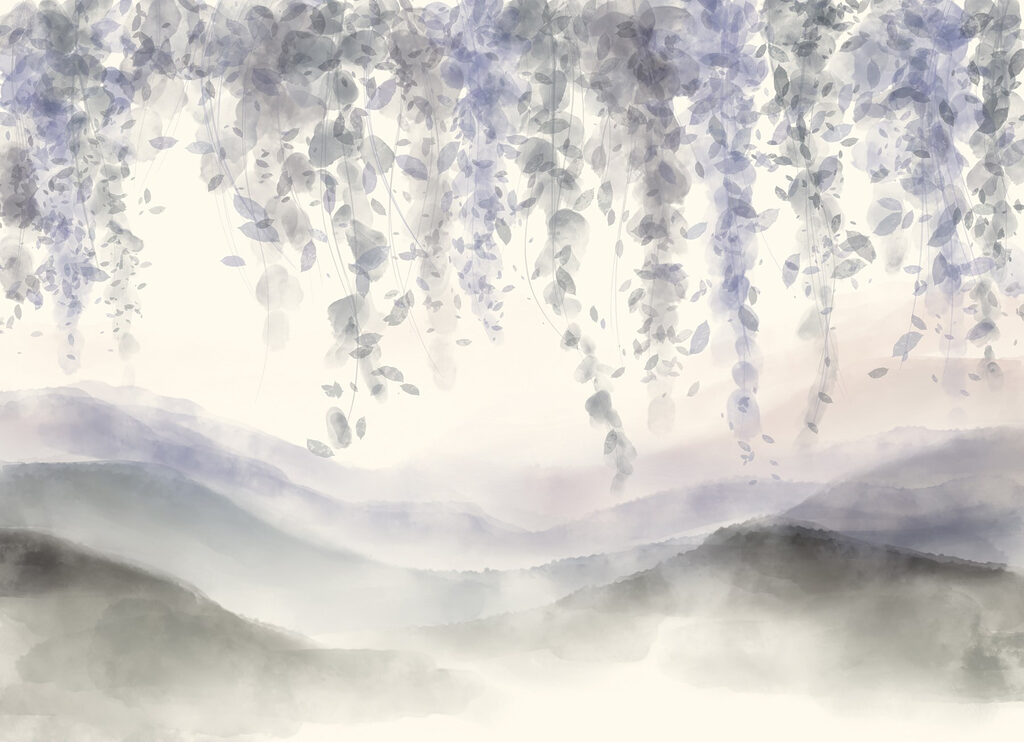 Peinture d'un paysage avec du brouillard et des feuilles Peinture d'un paysage avec du brouillard et des feuilles
