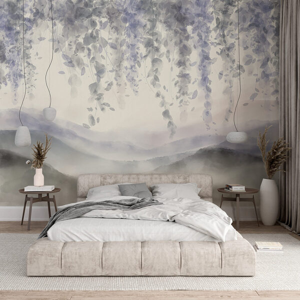 Peinture d'un paysage avec du brouillard et des feuilles Peinture d'un paysage avec du brouillard et des feuilles